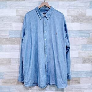 Ralph Lauren Indigo Chambray Shirt Blue Cotton Casual Preppy Mens 3XLT XXXL Tall